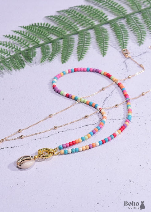 Boho Necklace, Seed Bead Choker, 2 Layers Cross & Shell